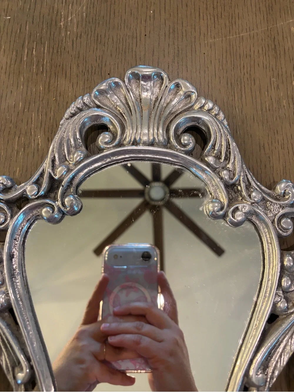 Ornate Decorative Table Mirror in Antique Silver